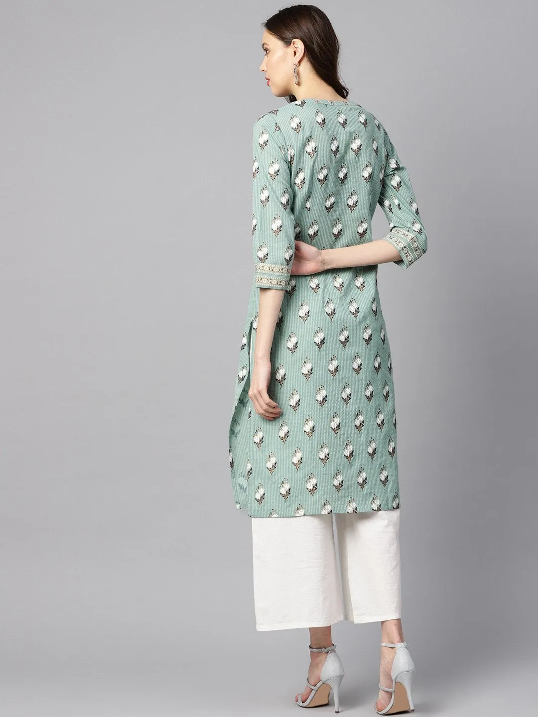 Green Kantha Floral Gold Print 3/4Th Sleeve Chinese Collar With Button And Cuff Detailing Kurta.