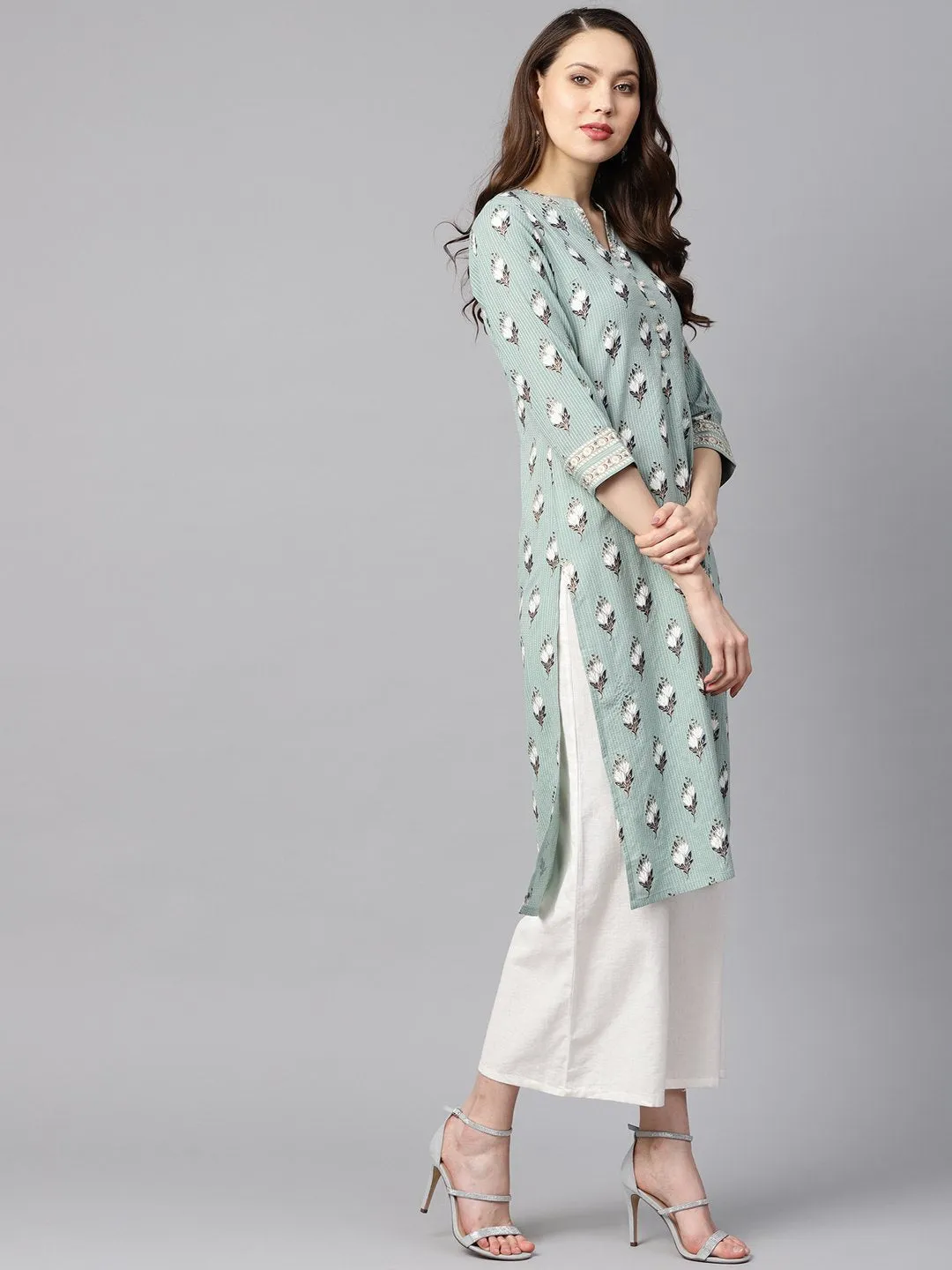 Green Kantha Floral Gold Print 3/4Th Sleeve Chinese Collar With Button And Cuff Detailing Kurta.