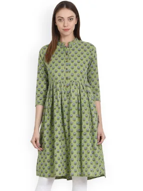 Green Printed 3/4 Sleeve Short Anarkali Kurta