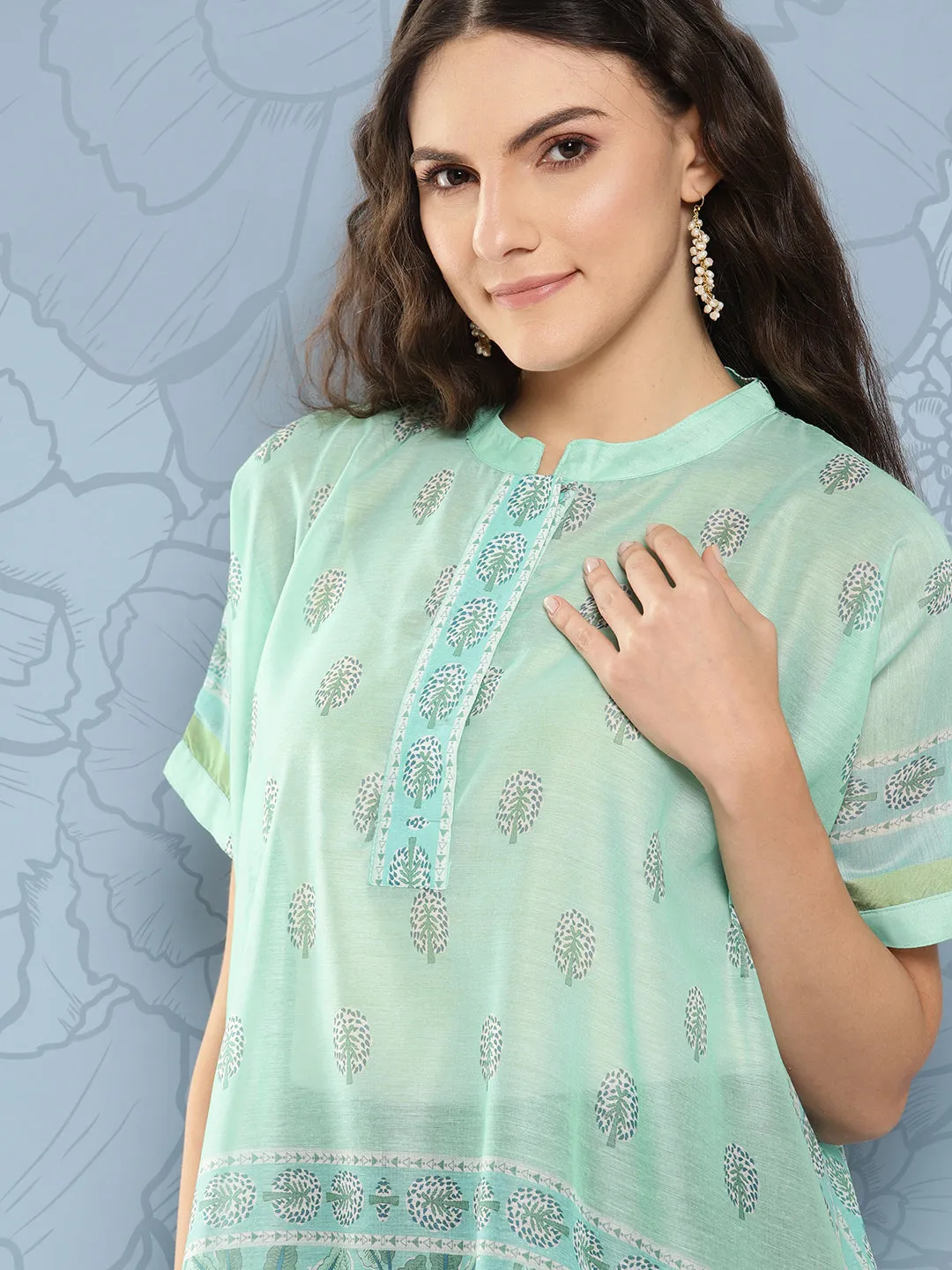 Green Printed Ethnic Chanderi Cotton Kaftan Longline Top
