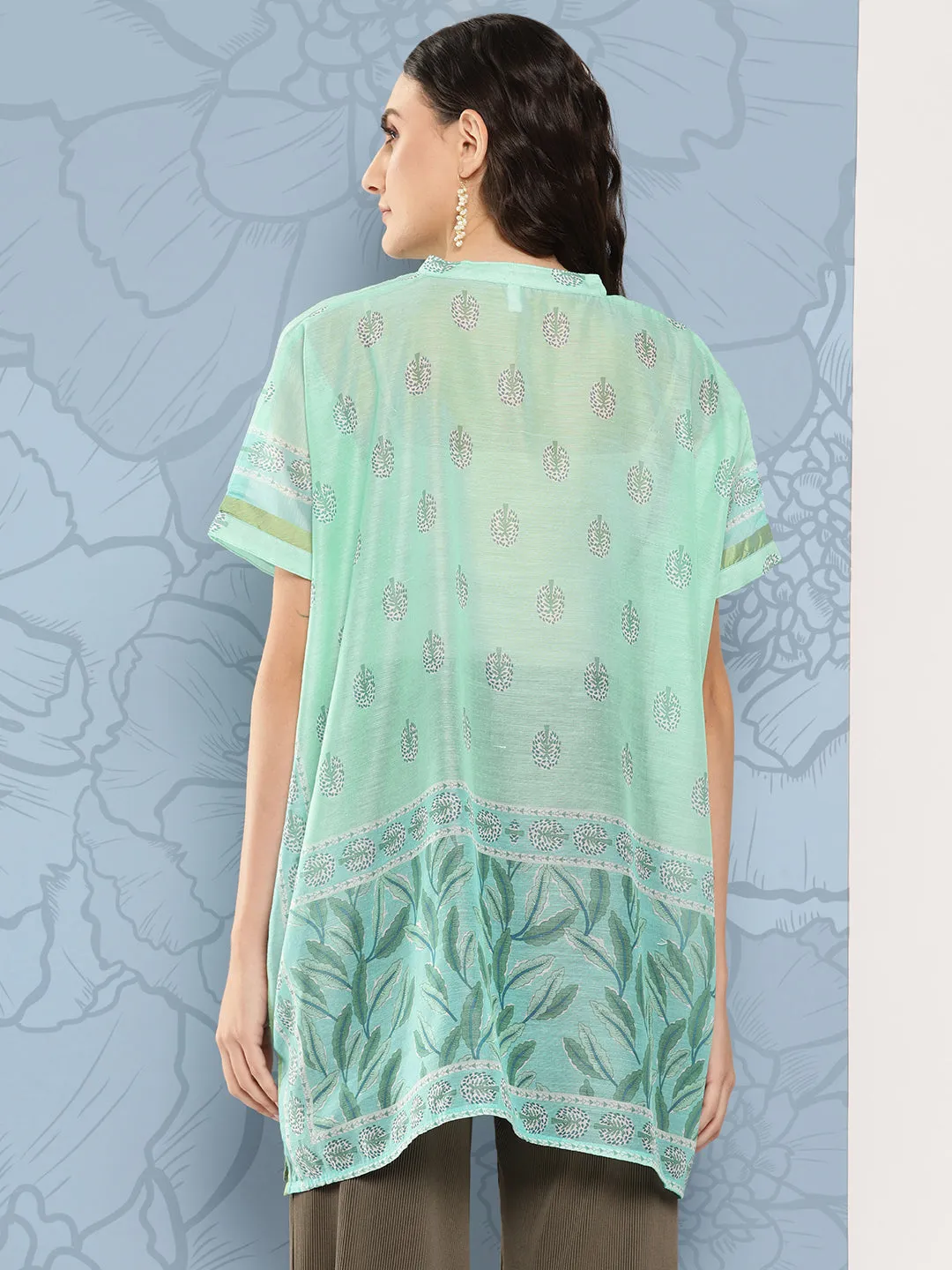 Green Printed Ethnic Chanderi Cotton Kaftan Longline Top
