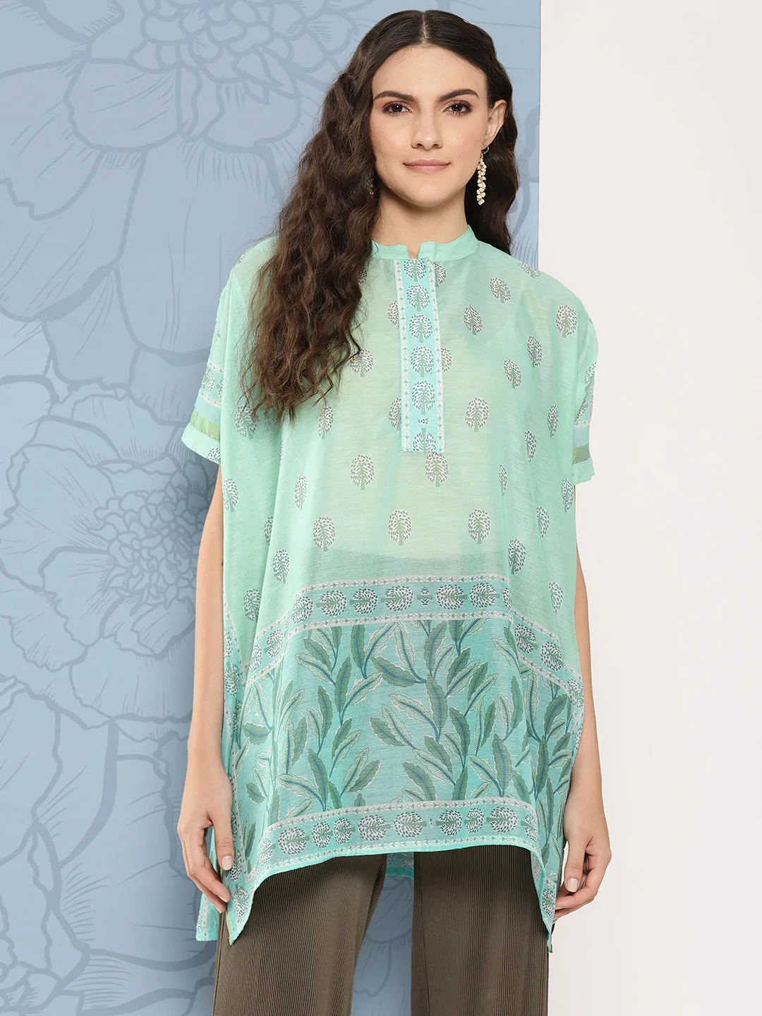 Green Printed Ethnic Chanderi Cotton Kaftan Longline Top