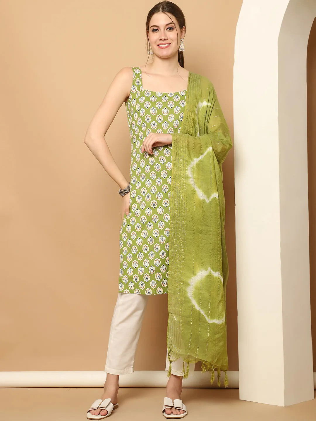 Green Printed Kurta With Palazzos Dupatta Set