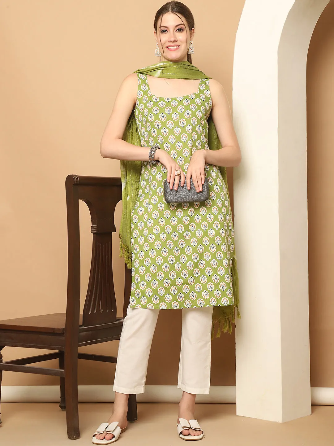 Green Printed Kurta With Palazzos Dupatta Set