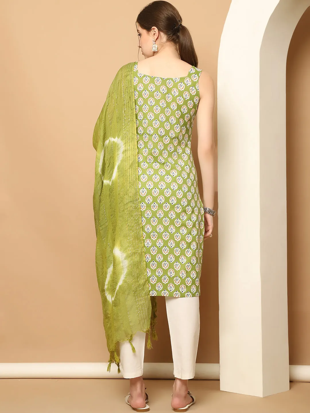 Green Printed Kurta With Palazzos Dupatta Set