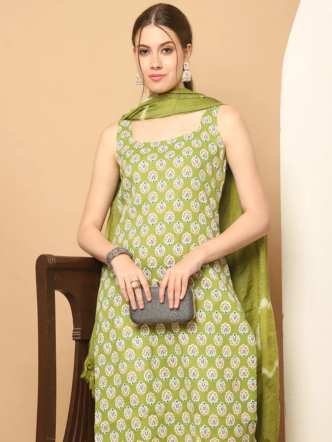 Green Printed Kurta With Palazzos Dupatta Set