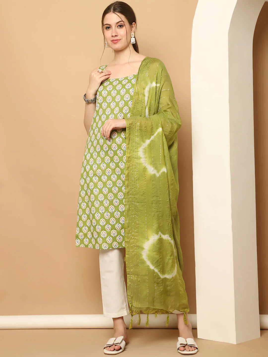 Green Printed Kurta With Palazzos Dupatta Set