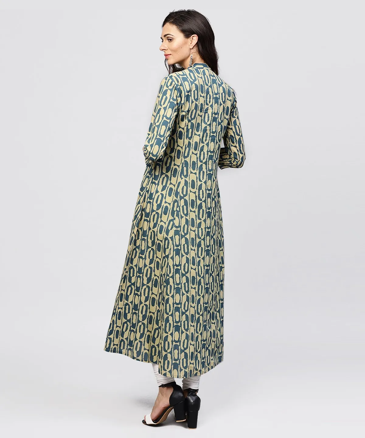 Green Printed Panelled Cut A-Line Kurta With Madarin Collar And Front Placket