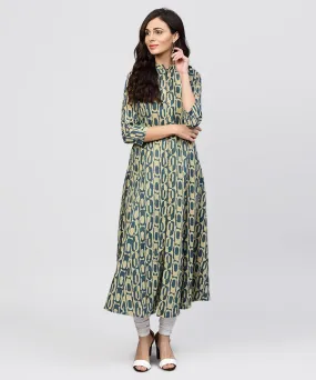 Green Printed Panelled Cut A-Line Kurta With Madarin Collar And Front Placket