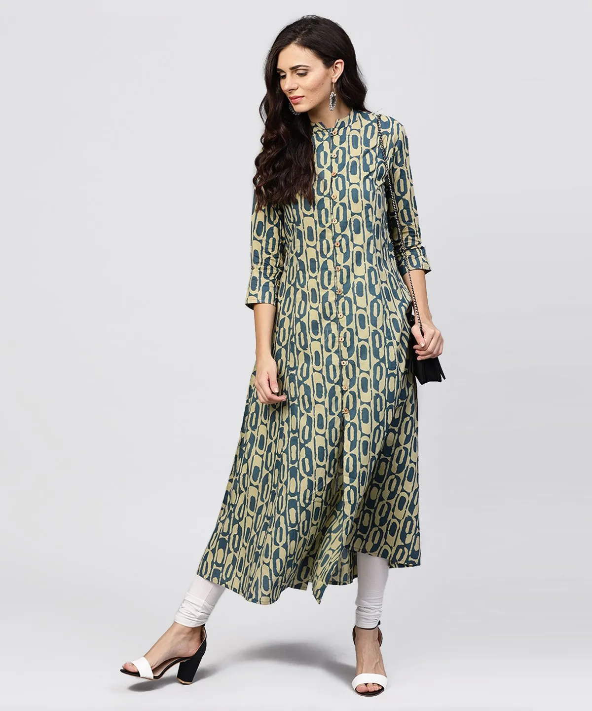Green Printed Panelled Cut A-Line Kurta With Madarin Collar And Front Placket