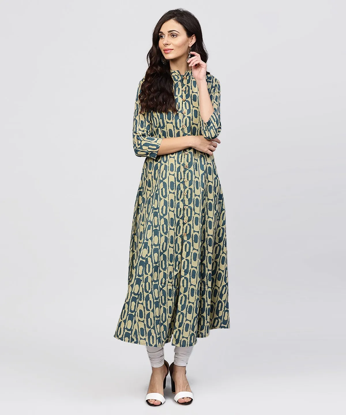 Green Printed Panelled Cut A-Line Kurta With Madarin Collar And Front Placket