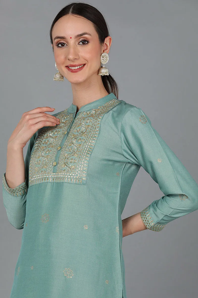 Green Silk Blend Ethnic Motifs Yoke Design Straight Kurta