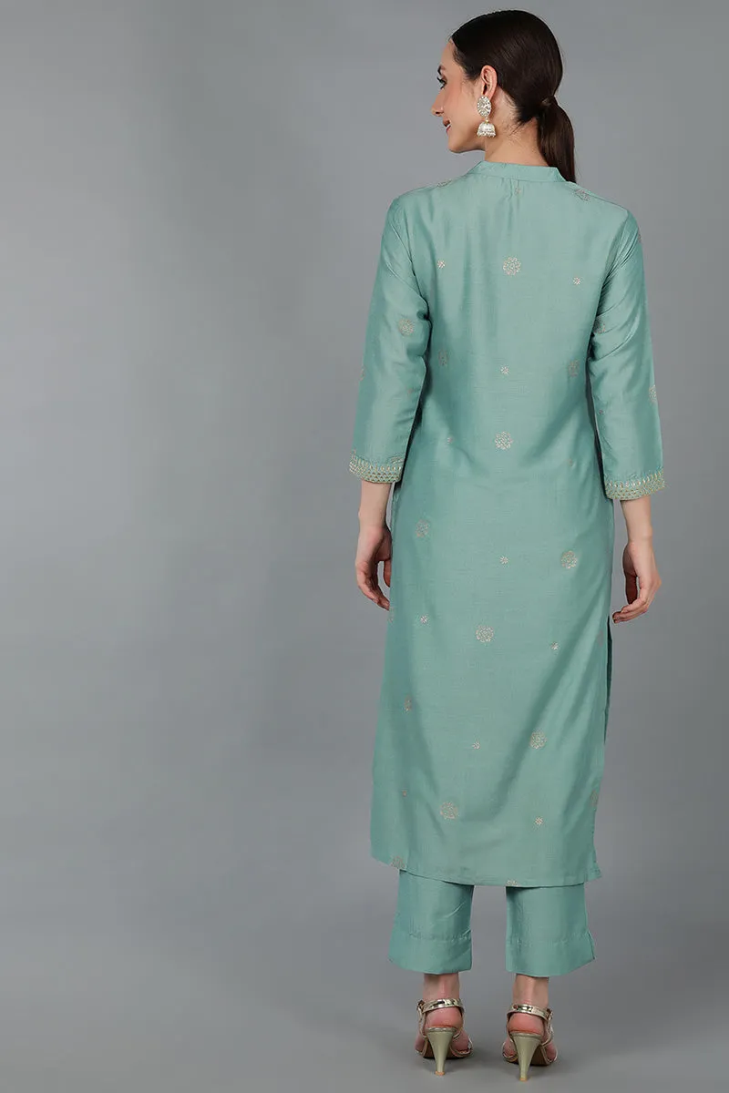 Green Silk Blend Ethnic Motifs Yoke Design Straight Kurta