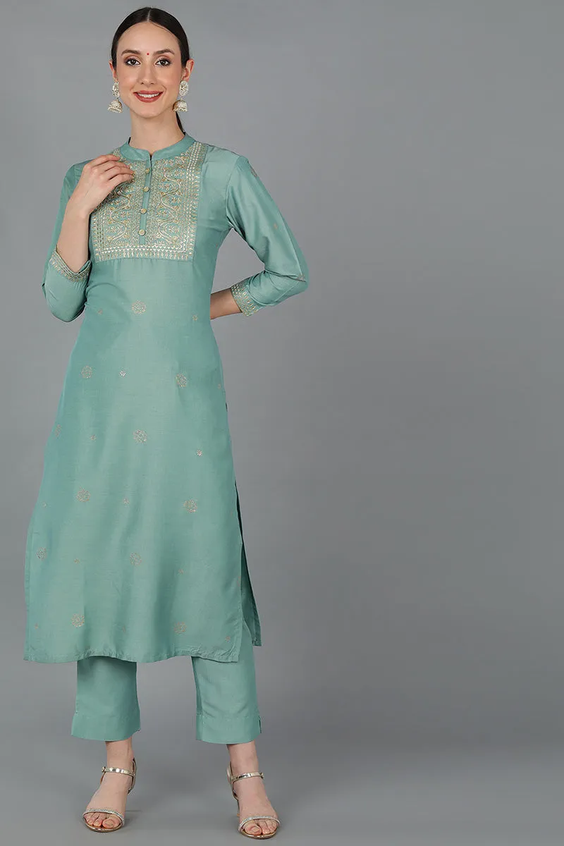 Green Silk Blend Ethnic Motifs Yoke Design Straight Kurta