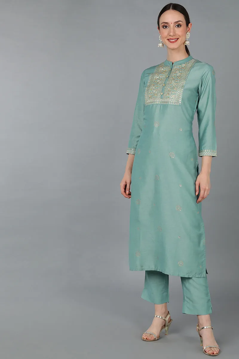 Green Silk Blend Ethnic Motifs Yoke Design Straight Kurta