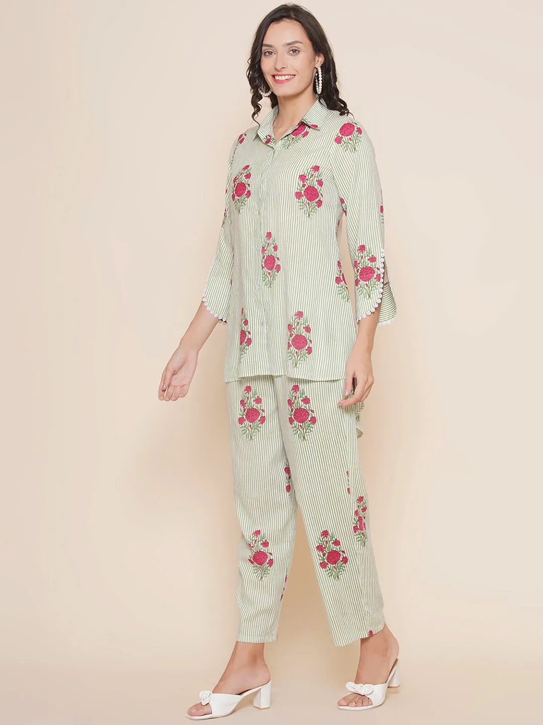 Green Striped Floral Print Kurta With Palazzos