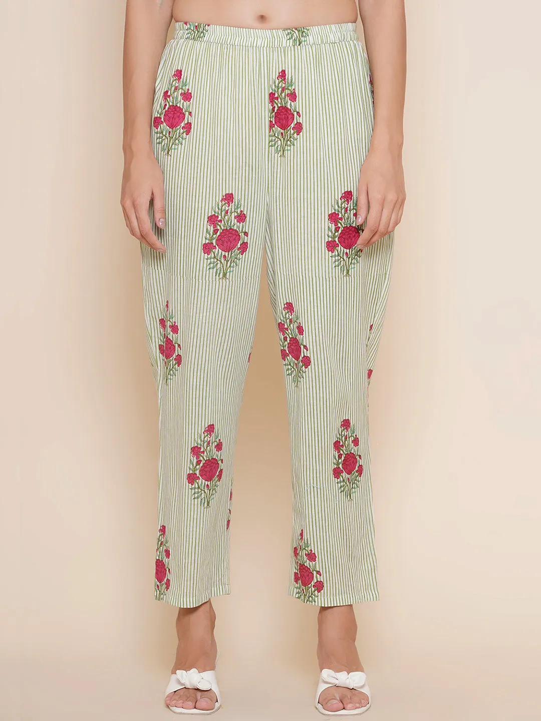 Green Striped Floral Print Kurta With Palazzos