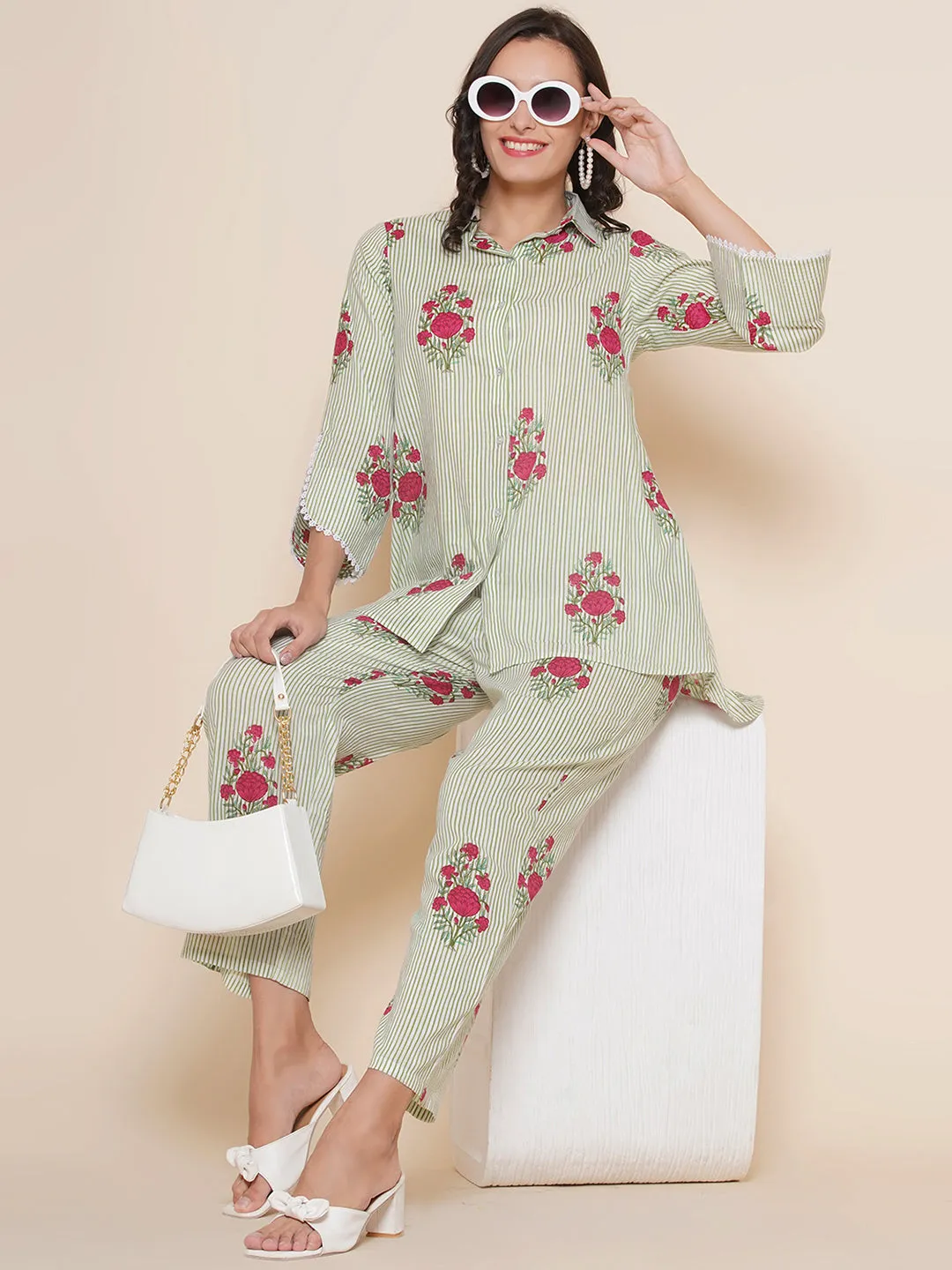 Green Striped Floral Print Kurta With Palazzos