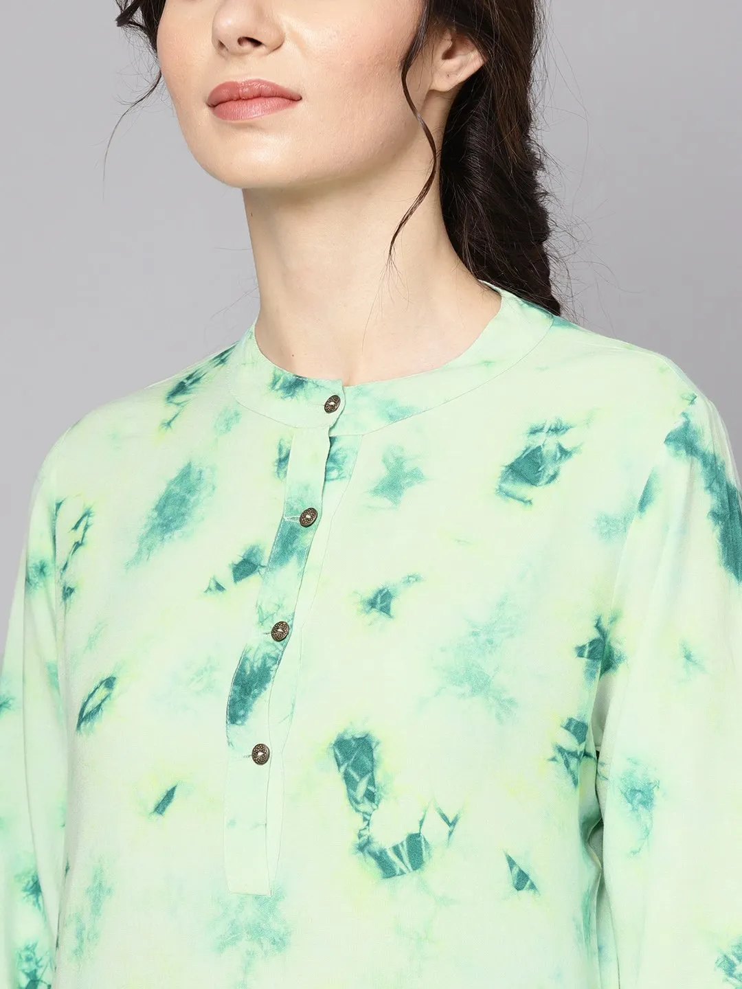 Green Tie & Dye Kurta With Mandarin Collar With Flared Sleeves