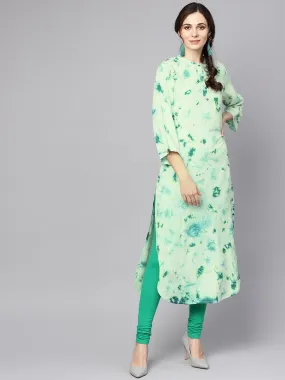 Green Tie & Dye Kurta With Mandarin Collar With Flared Sleeves