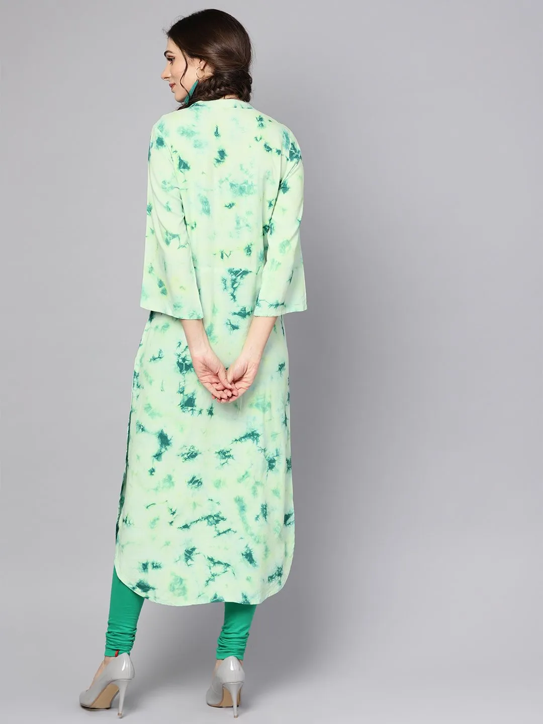 Green Tie & Dye Kurta With Mandarin Collar With Flared Sleeves