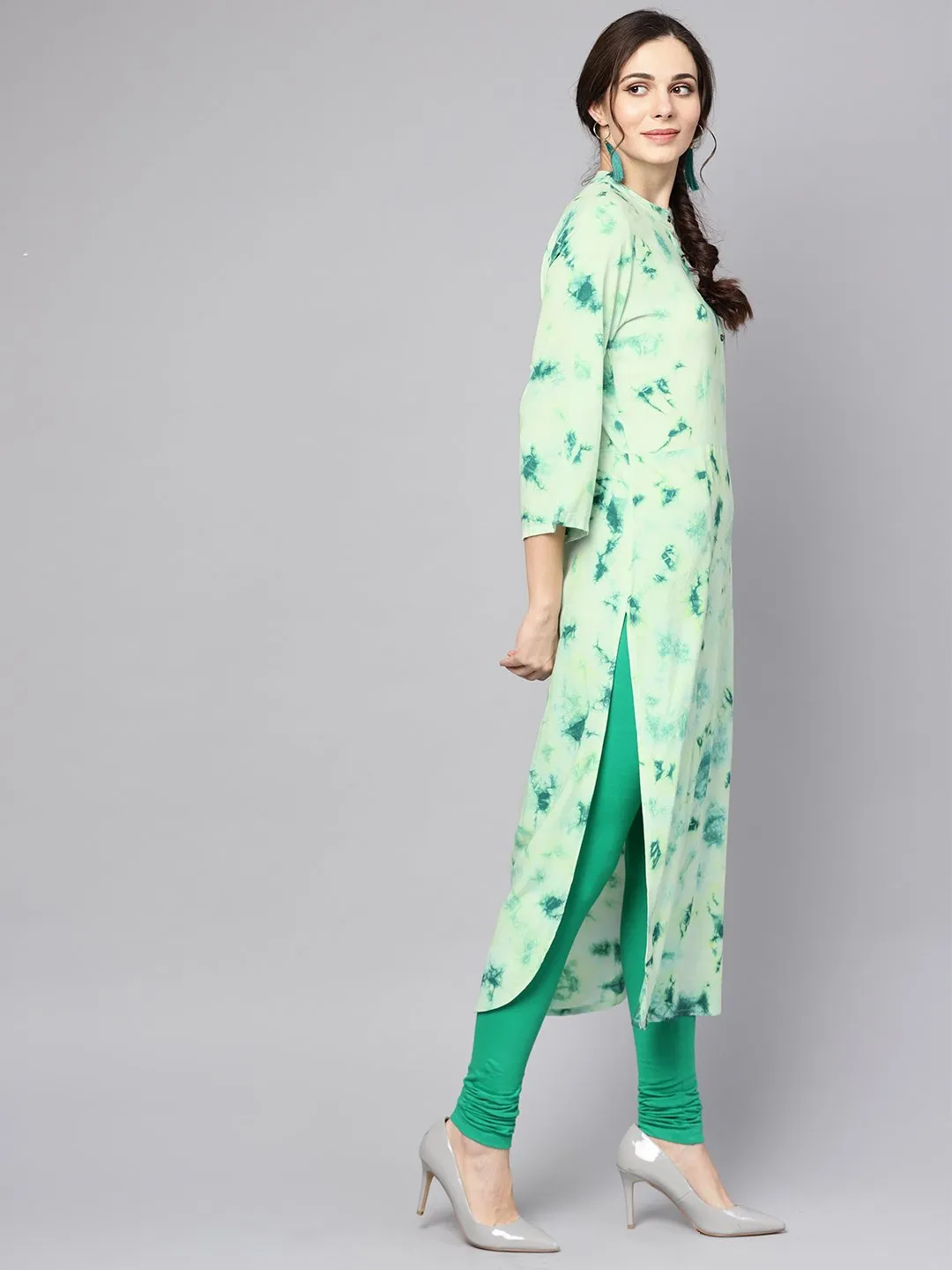 Green Tie & Dye Kurta With Mandarin Collar With Flared Sleeves