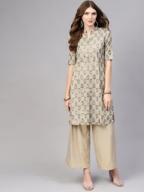Grey & Gold Printed Kurta With Front Placket & Mandarin Collar