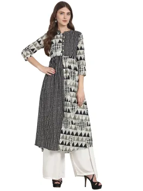 Grey Printed 3/4 Sleeve Cotton A-Line Kurta