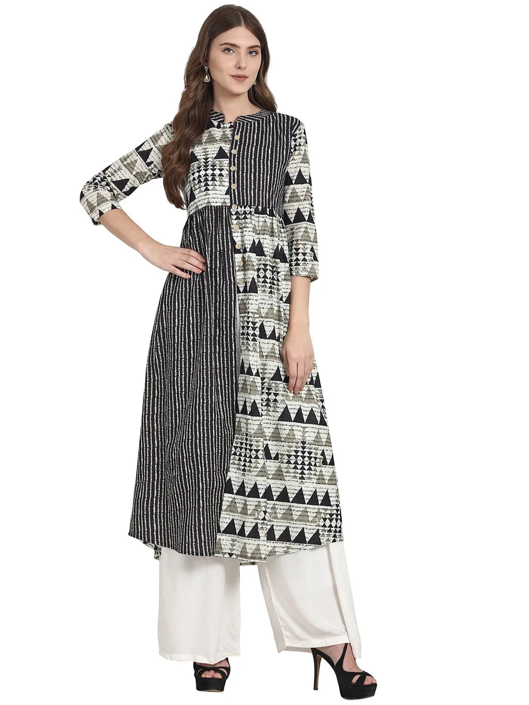 Grey Printed 3/4 Sleeve Cotton A-Line Kurta
