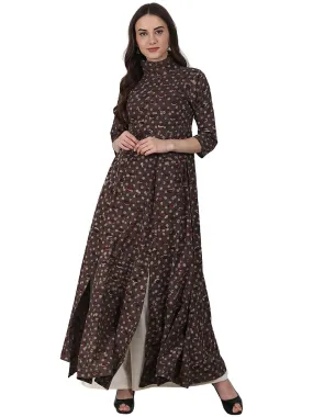 Grey Printed 3/4 Sleeve Long Kurta With White