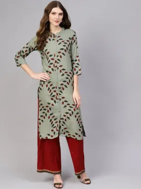 Grey Printed Kurta With Mandarin Collar With 3/4 Sleeves
