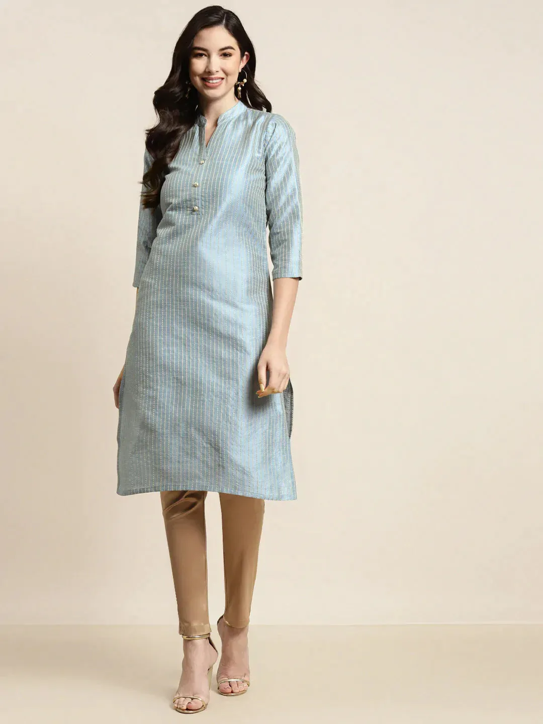 Grey Striped Thread Work Kurta