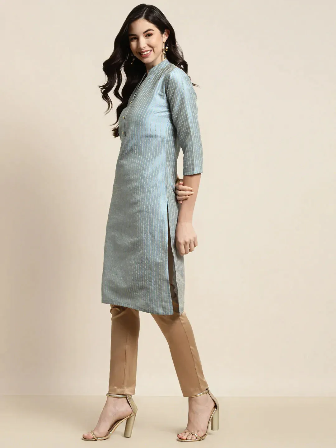 Grey Striped Thread Work Kurta