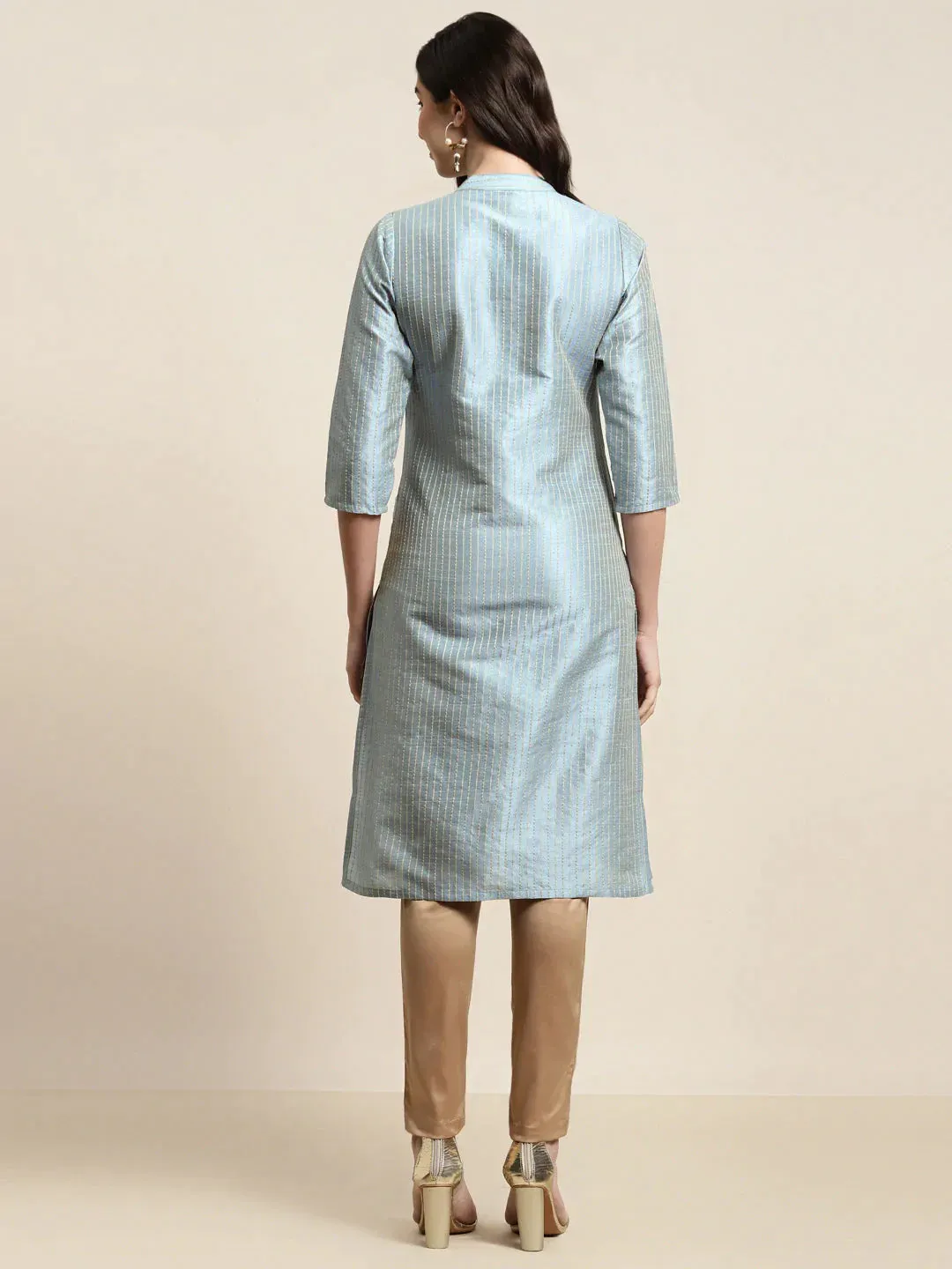 Grey Striped Thread Work Kurta