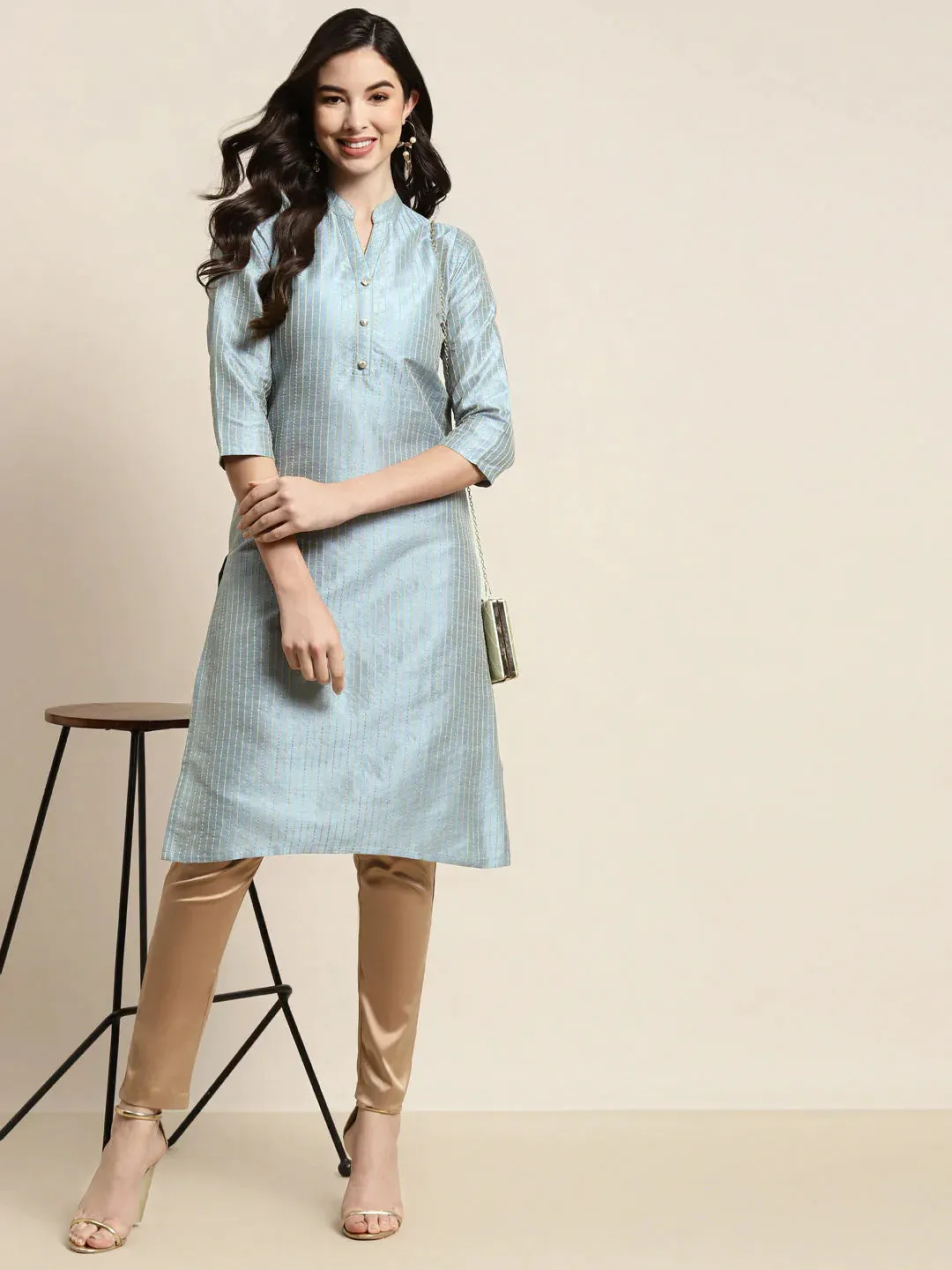 Grey Striped Thread Work Kurta
