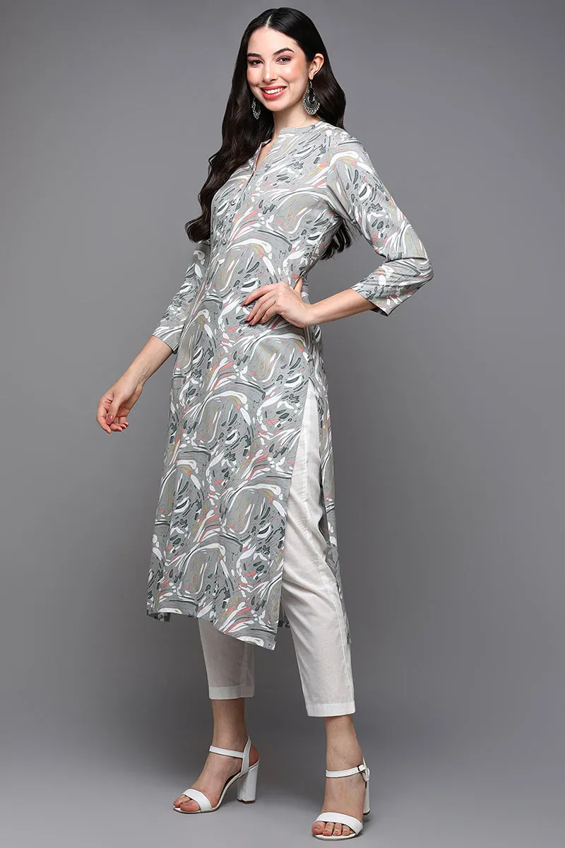 Grey Viscose Rayon Abstract Straight Kurta