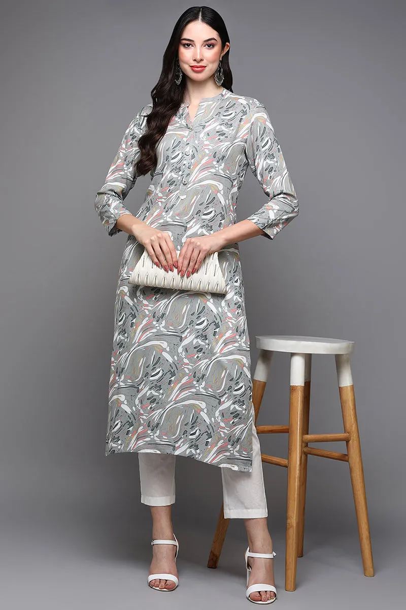 Grey Viscose Rayon Abstract Straight Kurta