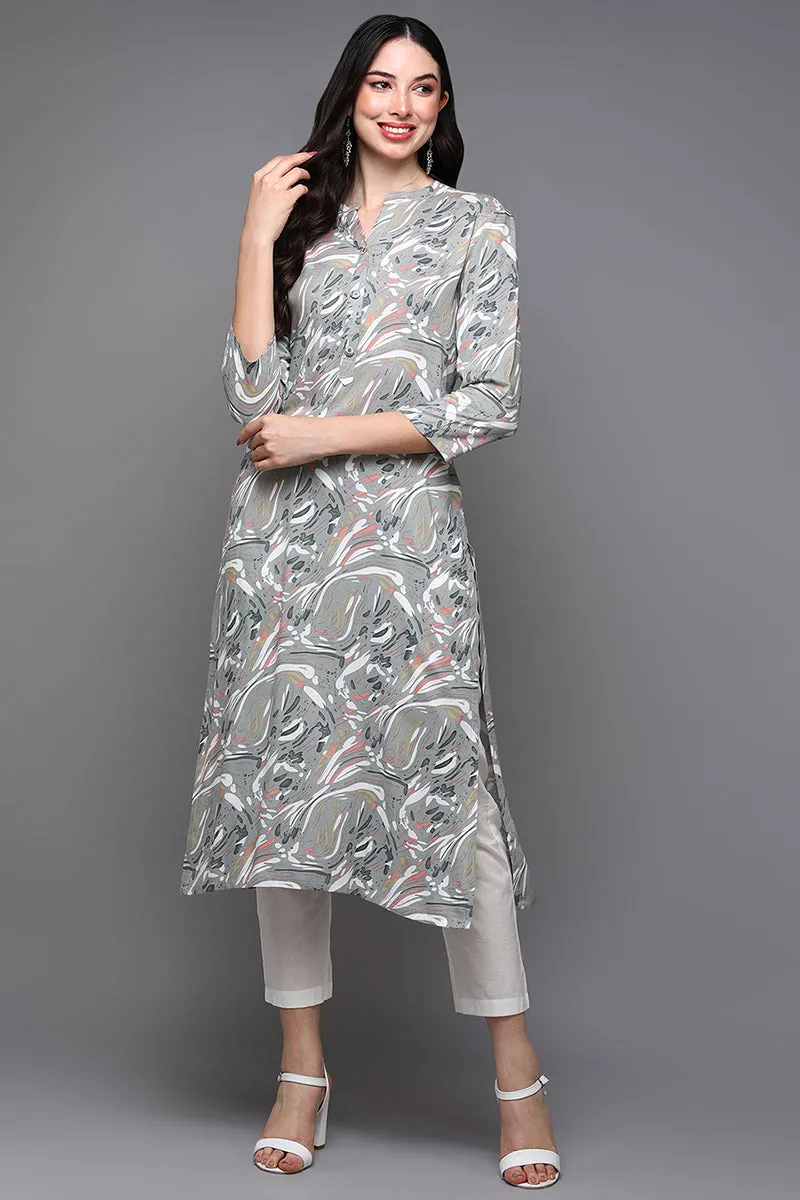 Grey Viscose Rayon Abstract Straight Kurta