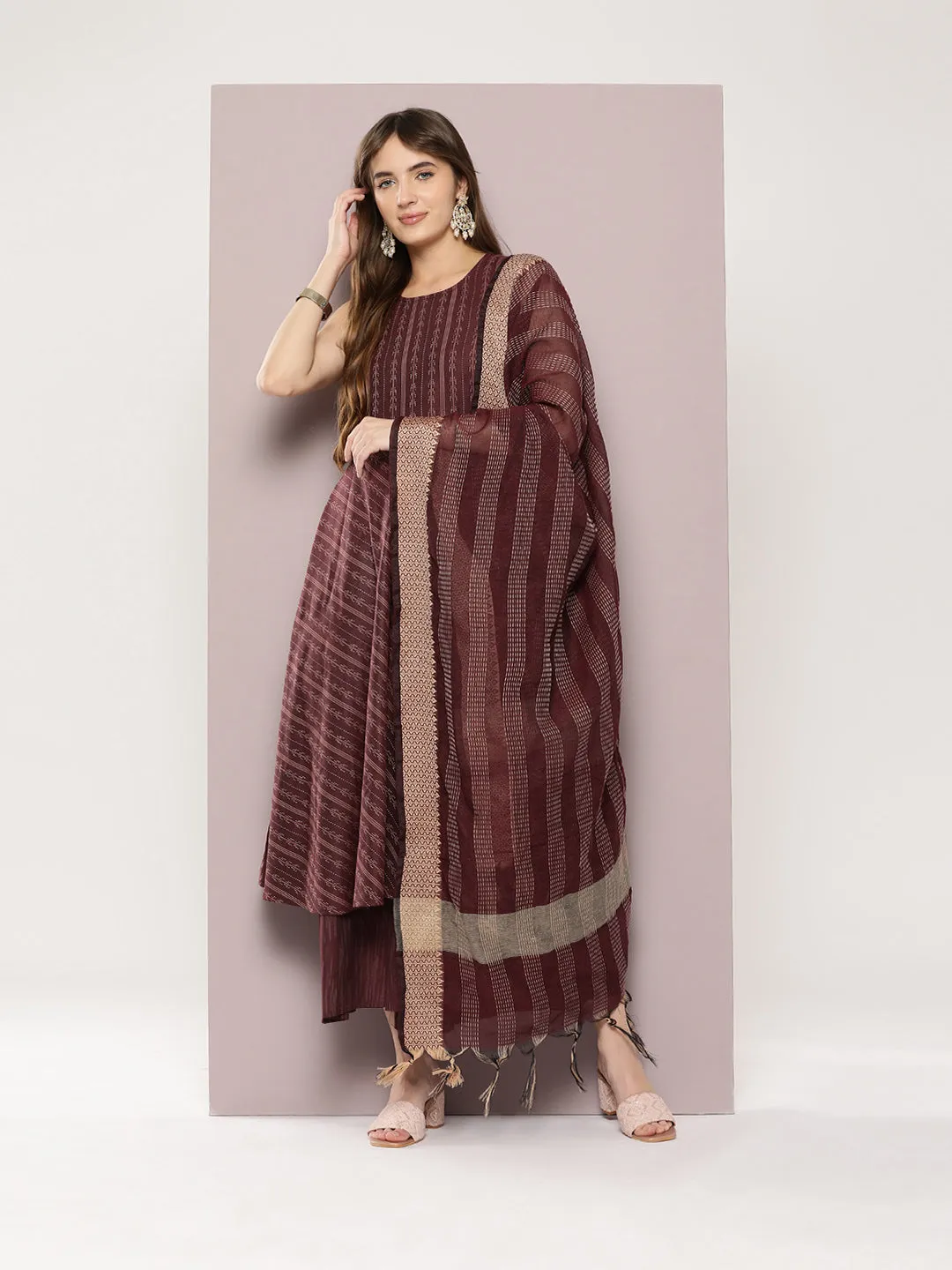 Jacquard Flared Kurta Pallazos Dupatta Set