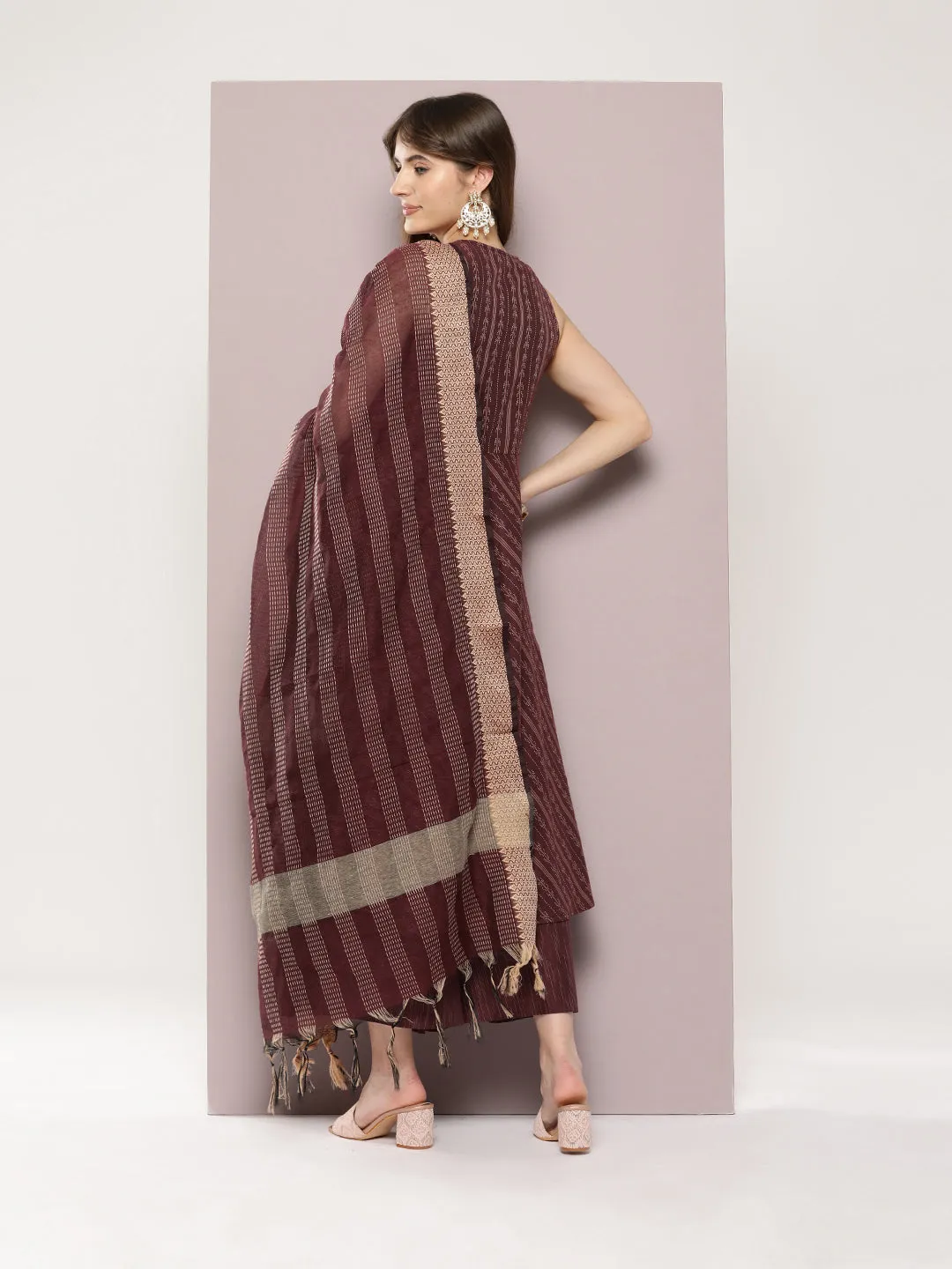 Jacquard Flared Kurta Pallazos Dupatta Set
