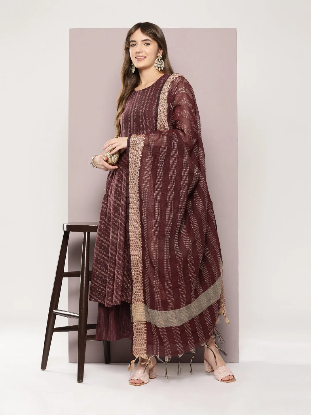 Jacquard Flared Kurta Pallazos Dupatta Set