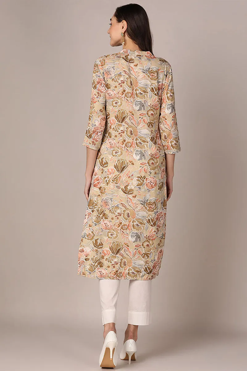 Khaki Viscose Rayon Floral Printed Straight Kurta