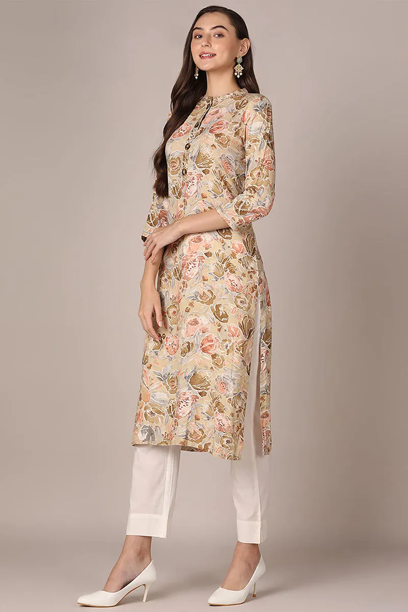 Khaki Viscose Rayon Floral Printed Straight Kurta