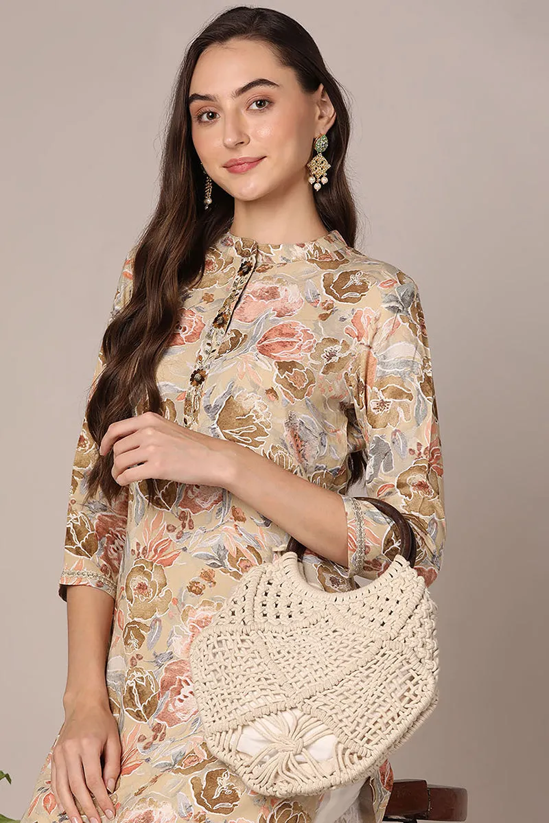 Khaki Viscose Rayon Floral Printed Straight Kurta