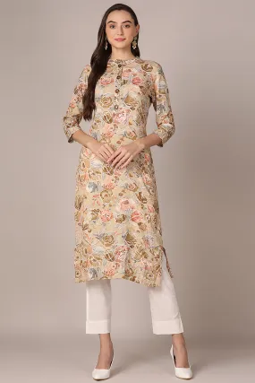 Khaki Viscose Rayon Floral Printed Straight Kurta