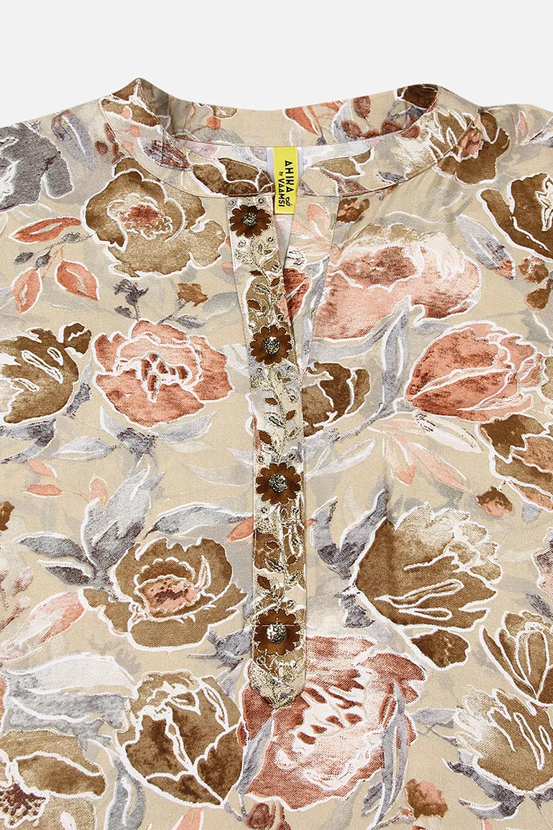 Khaki Viscose Rayon Floral Printed Straight Kurta