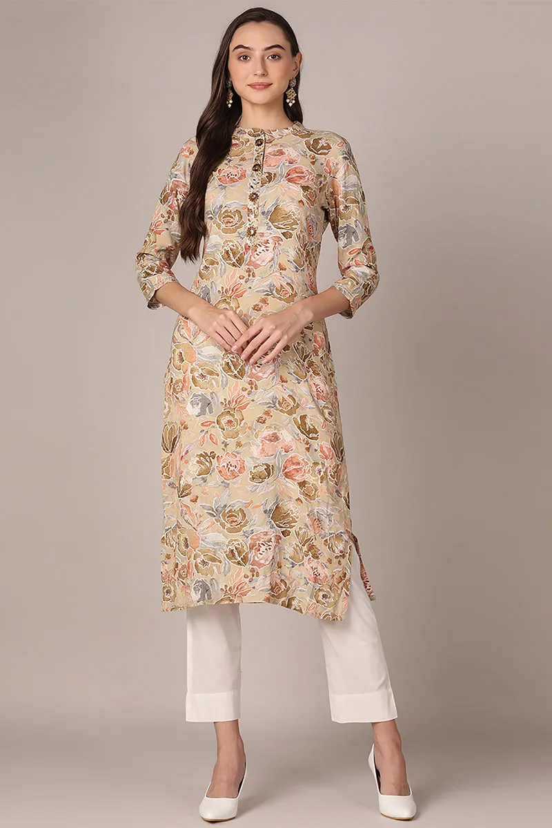 Khaki Viscose Rayon Floral Printed Straight Kurta