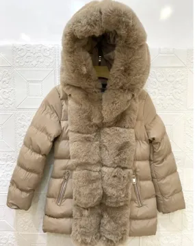 Kids: Faux Fur Trim Hooded Down Jacket -Beige