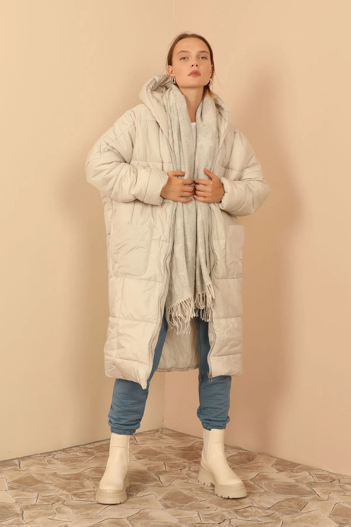 KKT Long Sleeve Oversize Women Coat - Stone - Lemgo