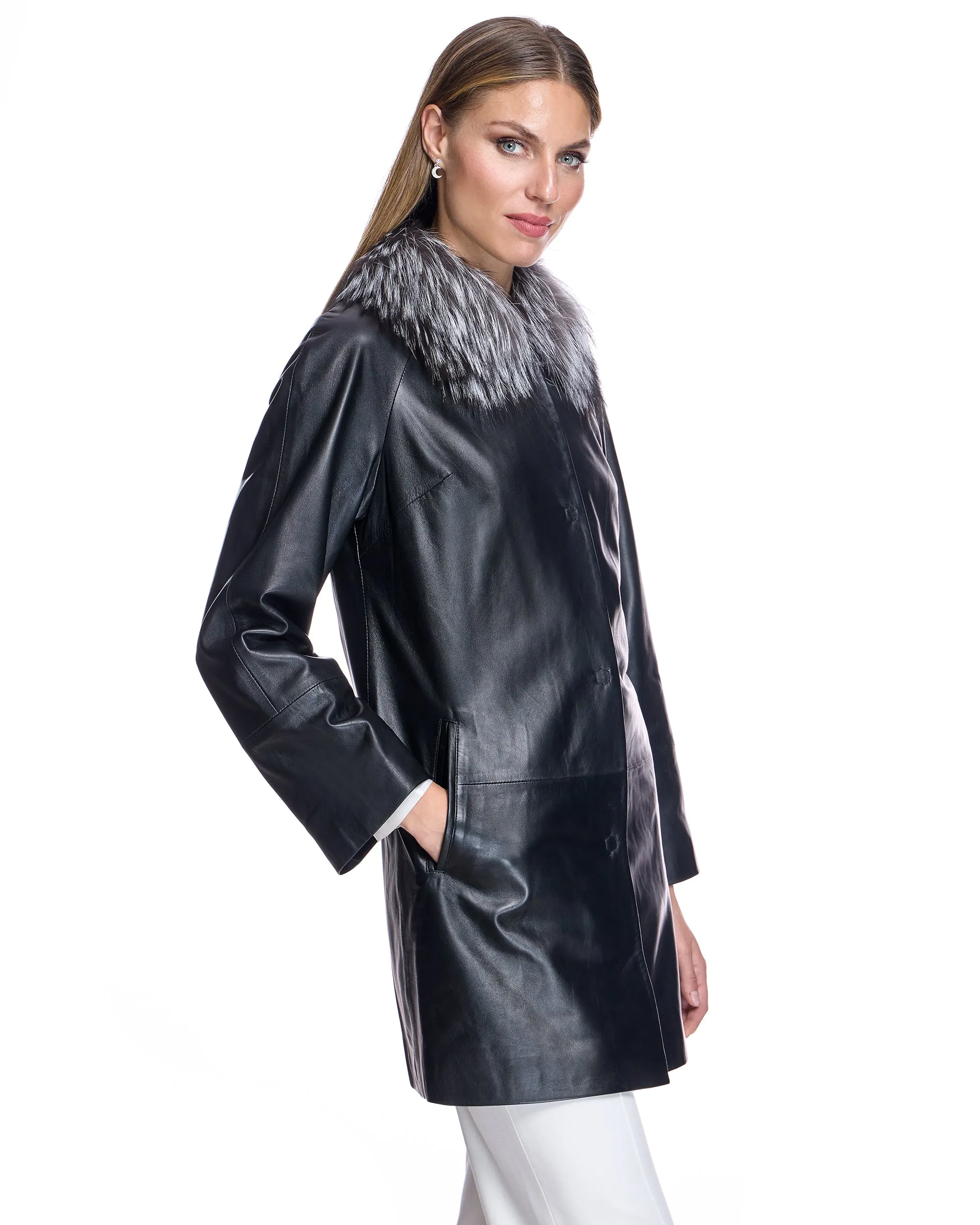 Leather Coat with Silver Fox Collar